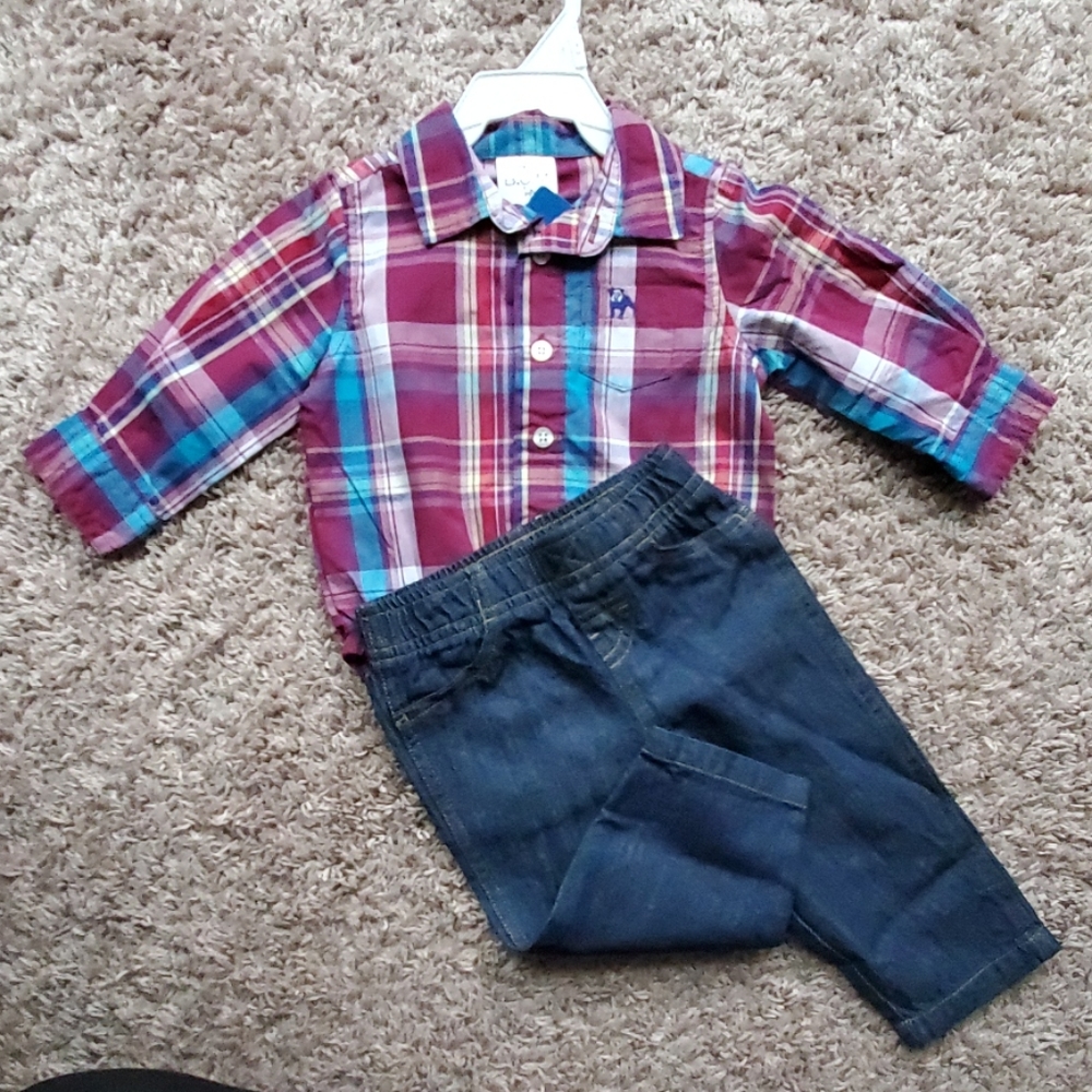 Baby Boy Denim & Plaid Outfit Set